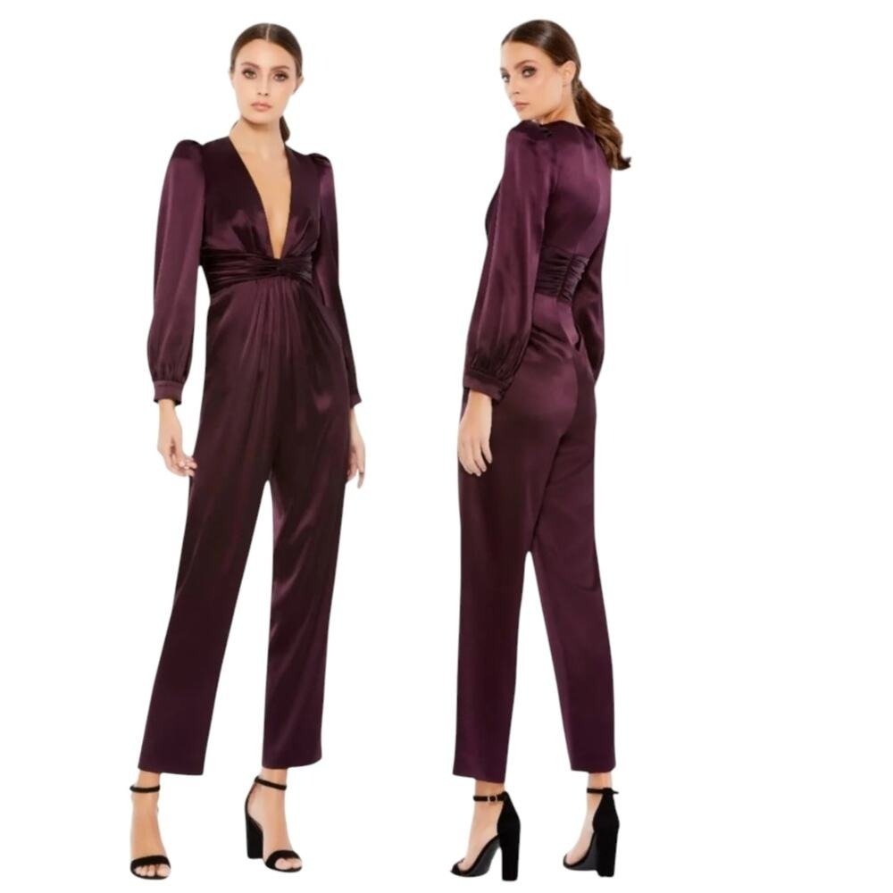 Plum Satin Puff Sleeve Deep V Evening Jumpsuit Formal Wide Leg Size 2 EUC